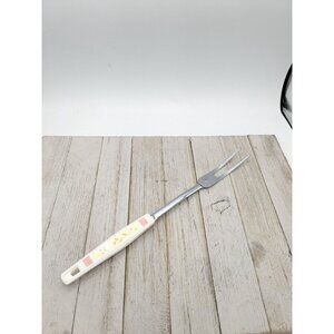 USA Stainless Steel Meat Fork 2 Prong 12 1/2" Pink Flowers Handle Vintage